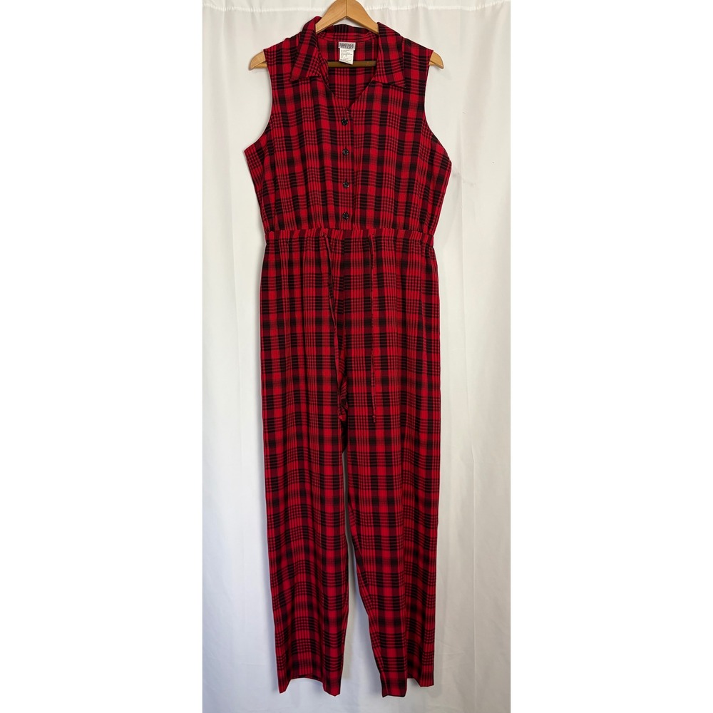 Vintage Studio Retro Red Black Plaid Sleeveless Jumpsuit Button Front Holiday L